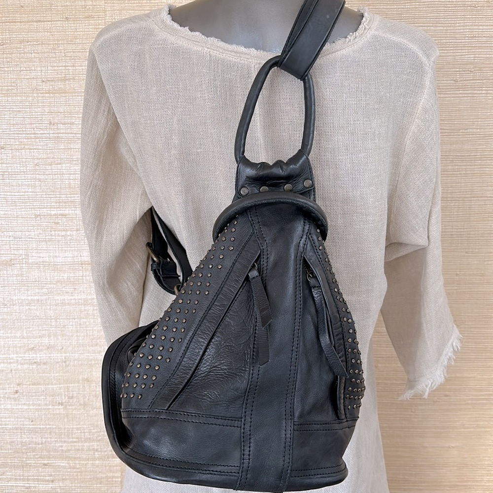 Studded Black Leather Backpack with Gold-Tone Accents - Picture 3 of 12
